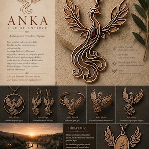 May include: A bronze-toned phoenix pendant necklace featuring a deep red oval gemstone at its center. The collection includes matching earrings, a cuff bracelet, a ring, and a brooch, all displaying the phoenix motif with intricate wing details.
