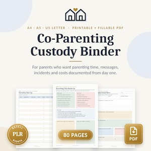 Pode incluir: Um conjunto de documentos digitais Co-Parenting Custody Binder nos tamanhos A4, A5 e US Letter. A capa exibe o título, um ícone de casa com um coração e texto sobre a documentação do tempo parental, mensagens, incidentes e custos.