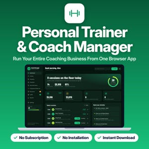 Puede incluir: Un panel de control digital para la aplicación Personal Trainer & Coach Manager en una pantalla de portátil. La interfaz en tonos verde oscuro muestra métricas diarias, listas de clientes y datos financieros. El texto incluye "Run Your Entire Coaching Business From One Browser App" y "No Subscription, No Installation, Instant Download."