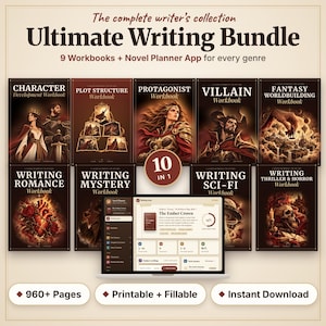 Könnte beinhalten: Das Ultimate Writing Bundle enthält 9 Arbeitsbücher und eine Romanplaner-App. Die Sammlung umfasst Titel zu Charakterentwicklung, Handlungsstruktur, Protagonisten, Antagonisten, Fantasy-Weltenbau, Romanze, Krimi, Sci-Fi sowie Thriller und Horror.