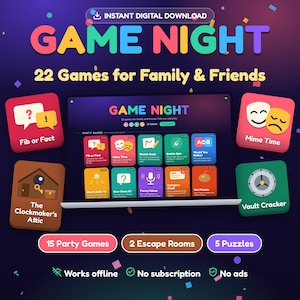 Pode incluir: Uma coleção de jogos digitais intitulada GAME NIGHT com 22 jogos para família e amigos. A interface exibe 15 jogos de festa, 2 salas de escape e 5 quebra-cabeças. O texto inclui: Works offline, No subscription, No ads.