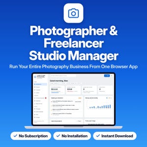 May include: A digital interface for a photographer and freelancer studio manager app displayed on a laptop screen. The dashboard shows business metrics, project lists, and financial data. Text includes Photographer & Freelancer Studio Manager.