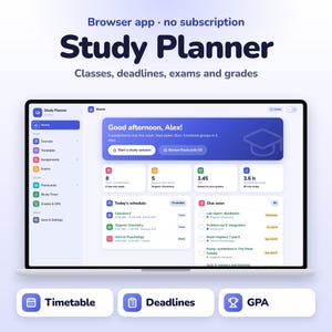 Study Planner Browser App for Students Assignment Tracker Exam Planner GPA Calculator Flashcards Timetable Digital Planner