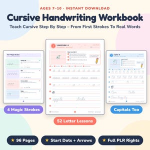 Cursive Handwriting Workbook for Kids Printable PDF Letter Tracing Practice Worksheets Homeschool PLR