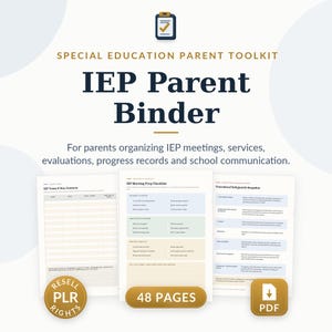 Könnte beinhalten: Ein 48-seitiges IEP-Elternordner-Toolkit mit einem Klemmbrett-Symbol, dunkelblauem Text und drei Dokumentenseiten, die ein IEP-Team-Kontaktformular, eine Checkliste zur Sitzungsvorbereitung und eine Übersicht der Verfahrensgarantien zeigen.