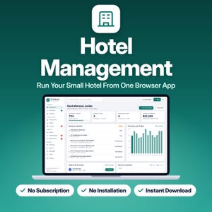 Peut inclure: Une interface numérique pour un logiciel de gestion hôtelière affichée sur un écran d'ordinateur portable. Le texte indique Hotel Management, Run Your Small Hotel From One Browser App, No Subscription, No Installation, Instant Download.