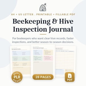 May include: A digital Beekeeping & Hive Inspection Journal with 28 pages in A4 and US Letter sizes. The printable, fillable PDF includes a Hive Inspection Checklist, a Worked Inspection Example, and a Honey Harvest Log with pastel sections.