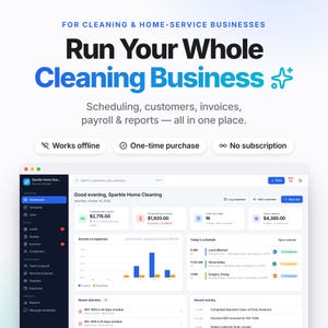 Può includere: Un'interfaccia software per imprese di pulizia che mostra una dashboard con riepiloghi finanziari, programmi di lavoro e dati dei clienti. Il testo include: For cleaning & home-service businesses, Run Your Whole Cleaning Business, Works offline, One-time purchase, No subscription.