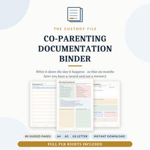 Puede incluir: Una carpeta de documentación para la coparentalidad con el texto THE CUSTODY FILE CO-PARENTING DOCUMENTATION BINDER, Write it down the day it happens - so that six months later you have a record and not a memory, 80 GUIDED PAGES, A4, A5, US LETTER, INSTANT DOWNLOAD, FULL PLR RIGHTS INCLUDED.