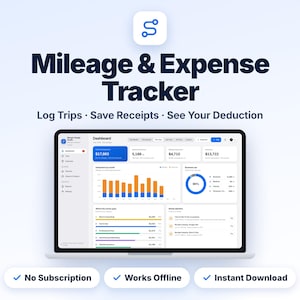 May include: A digital Mileage & Expense Tracker dashboard displayed on a laptop screen. The interface features data visualisations, including bar charts and a pie chart, alongside text labels like Log Trips, Save Receipts, See Your Deduction, No Subscription, Works Offline, and Instant Download.
