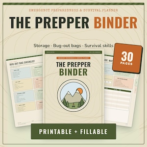 Può includere: Un pianificatore stampabile e compilabile per la preparazione alle emergenze e la sopravvivenza intitolato The Prepper Binder. Il set include 30 pagine con una lista di controllo, una guida all'acqua e metodi per accendere il fuoco.