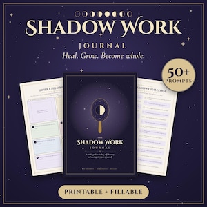 Puede incluir: Un diario de trabajo de sombra de color morado oscuro con un gráfico de espejo dorado, el texto Shadow Work Journal, Heal. Grow. Become whole. y 50+ Prompts. El conjunto incluye páginas imprimibles y rellenables con ejercicios de introspección.
