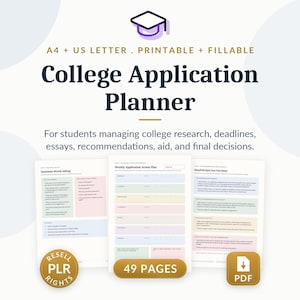Op de afbeelding: Een digitale College Application Planner met 49 pagina's in A4 en US Letter-formaat. Het document is printbaar en invulbaar, met secties voor onderzoek, deadlines, essays, aanbevelingen, financiële steun en definitieve beslissingen.