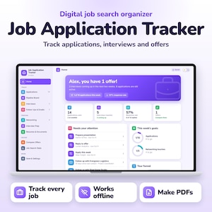 Peut inclure: Un organisateur de recherche d'emploi numérique affiché sur un écran d'ordinateur portable, intitulé Job Application Tracker. L'interface présente un tableau de bord violet avec des statistiques sur les candidatures, entretiens et offres.