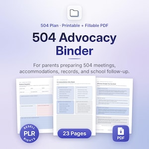 Puede incluir: Un producto digital de carpeta de defensa 504 con 23 páginas de formularios PDF imprimibles y rellenables. El documento incluye un resumen del estudiante, un banco de ideas de adaptaciones y guiones para reuniones escolares.