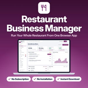 Könnte beinhalten: Eine digitale Benutzeroberfläche für Restaurant Business Manager auf einem Laptop-Bildschirm. Das Dashboard zeigt Umsätze, Gästezahlen und Kosten. Text beinhaltet: Run Your Whole Restaurant From One Browser App, No Subscription.