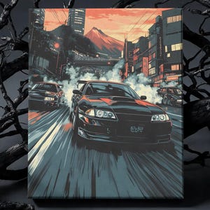 May include: A rectangular canvas print featuring a stylized illustration of black sports cars drifting on a city street at sunset. The scene includes a mountain in the background, urban buildings, and thick white tire smoke, all rendered in a vibrant orange and dark blue color palette.