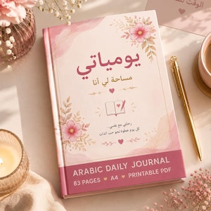 Peut inclure: Un journal rose avec des illustrations florales et du texte arabe qui dit "يومياتي مساحة لي أنا" et "رحلتي مع نفسي... كل يوم خطوة نحو حب الذات". La couverture inclut le texte "ARABIC DAILY JOURNAL 83 PAGES A4 PRINTABLE PDF" en bas.