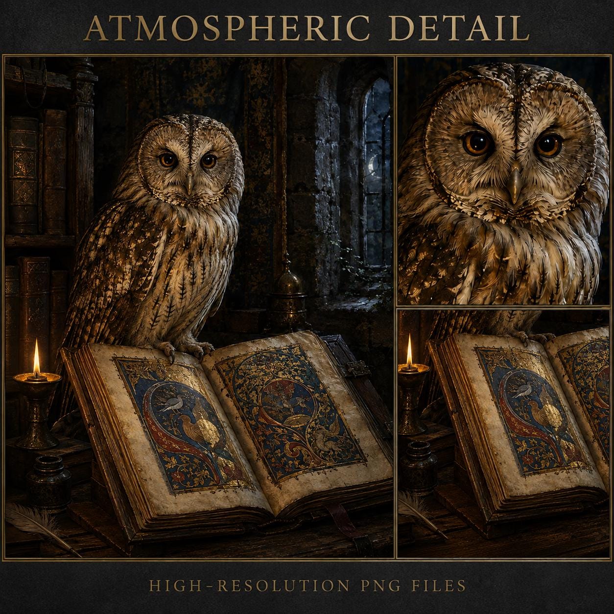 Illuminated Owl of the Midnight Manuscript Wall Art, Medieval Owl Print, Gothic Library Decor, Digit