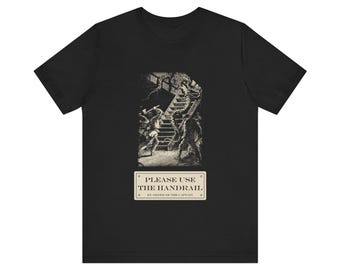 Please Use the Handrail Shirt, Giant Squid on the Stairs, Funny Safety Sign Tee, Jules Verne 1870