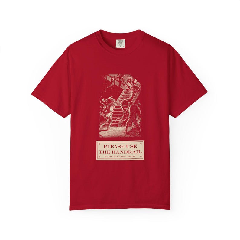 Please Use the Handrail Shirt, Giant Squid on the Stairs, Funny Safety Sign Tee, Jules Verne 1870 image 14