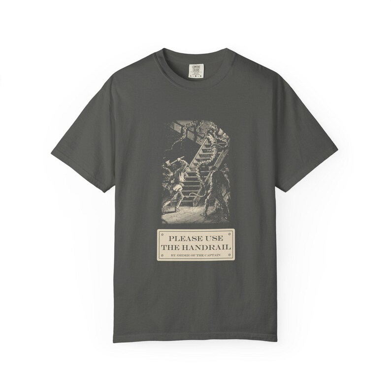Please Use the Handrail Shirt, Giant Squid on the Stairs, Funny Safety Sign Tee, Jules Verne 1870 image 3