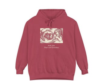 May include: A dark red hooded sweatshirt featuring a rectangular graphic print of a classic illustration depicting a wolf in a bed with a person. Below the illustration, the text reads: Well, shit. That's not Grandma. The hoodie has long sleeves.