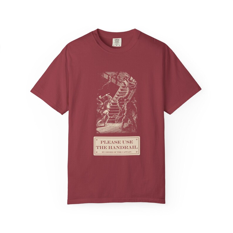 Please Use the Handrail Shirt, Giant Squid on the Stairs, Funny Safety Sign Tee, Jules Verne 1870 image 12