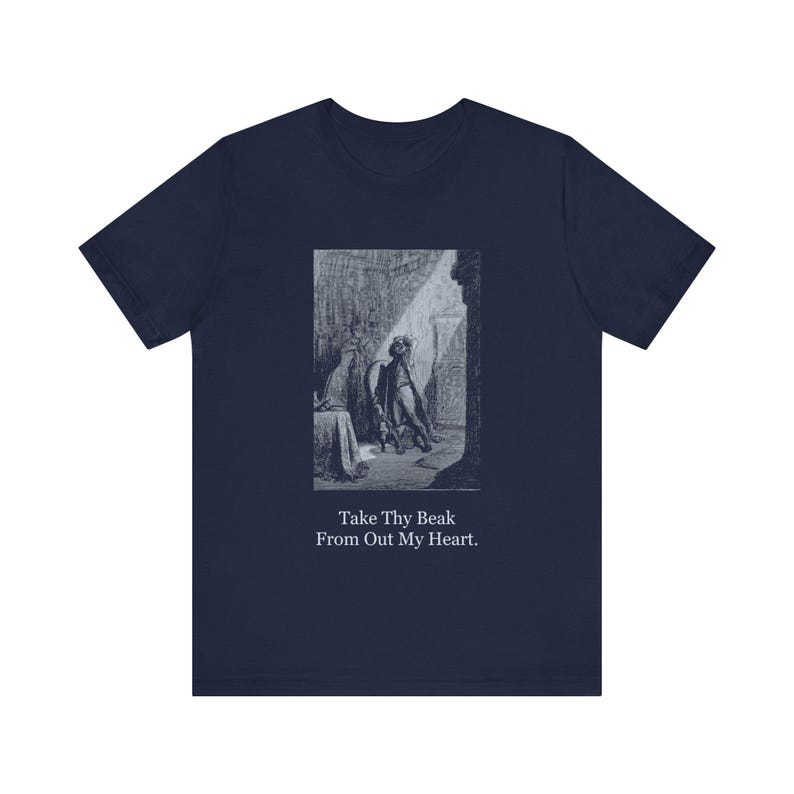 Togli il becco dal mio cuore, maglietta con corvo, maglietta gotica di Edgar Allan Poe, regalo di Halloween letterario a tema Dore Dark Academia immagine 1