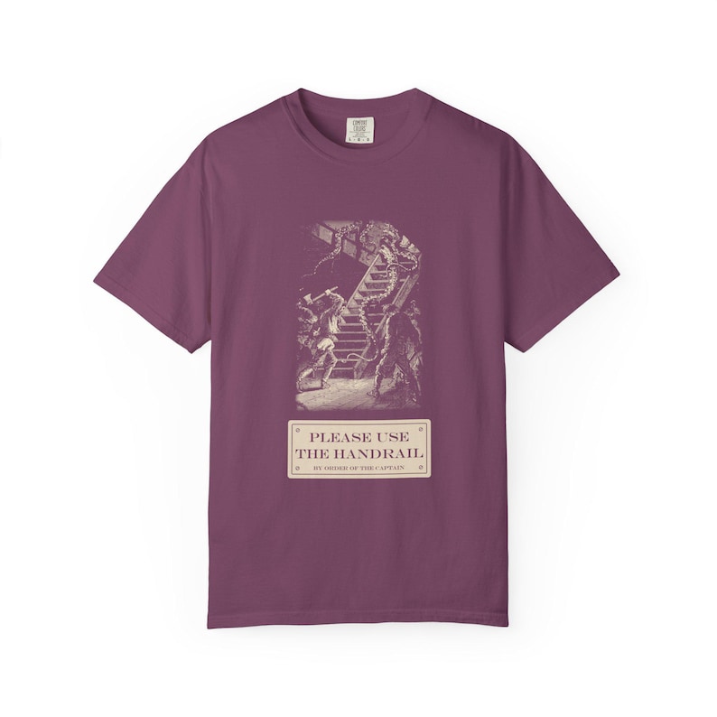 Please Use the Handrail Shirt, Giant Squid on the Stairs, Funny Safety Sign Tee, Jules Verne 1870 image 11