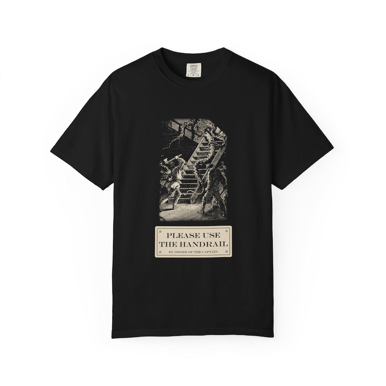 Please Use the Handrail Shirt, Giant Squid on the Stairs, Funny Safety Sign Tee, Jules Verne 1870 image 1