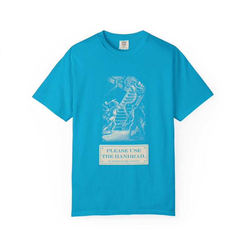 Please Use the Handrail Shirt, Giant Squid on the Stairs, Funny Safety Sign Tee, Jules Verne 1870 image 6