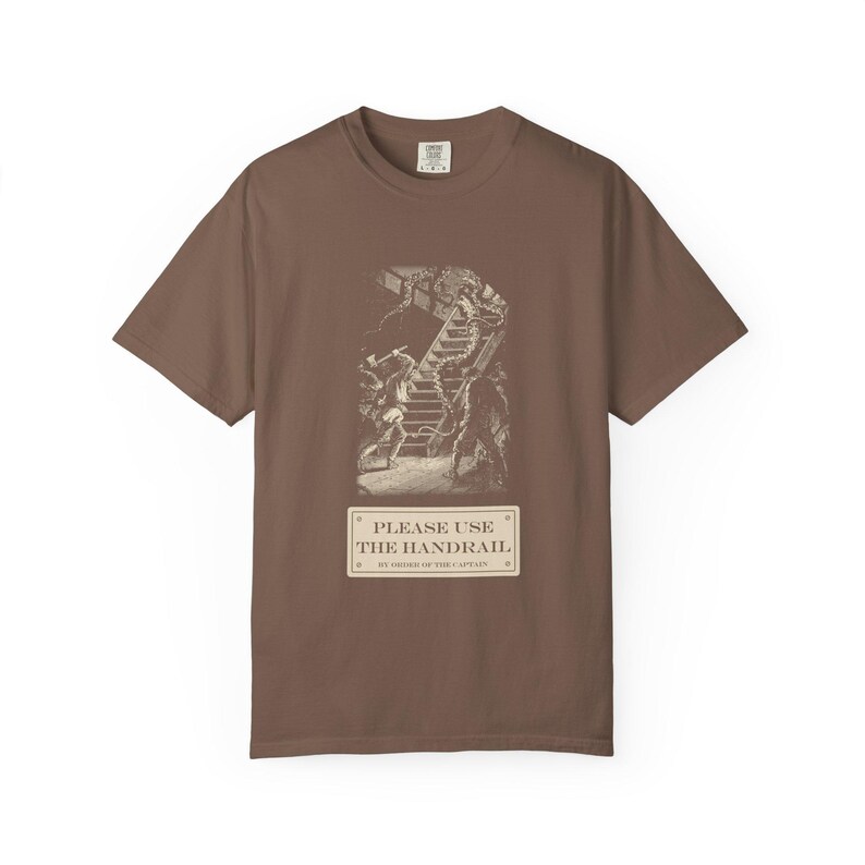 Please Use the Handrail Shirt, Giant Squid on the Stairs, Funny Safety Sign Tee, Jules Verne 1870 image 2