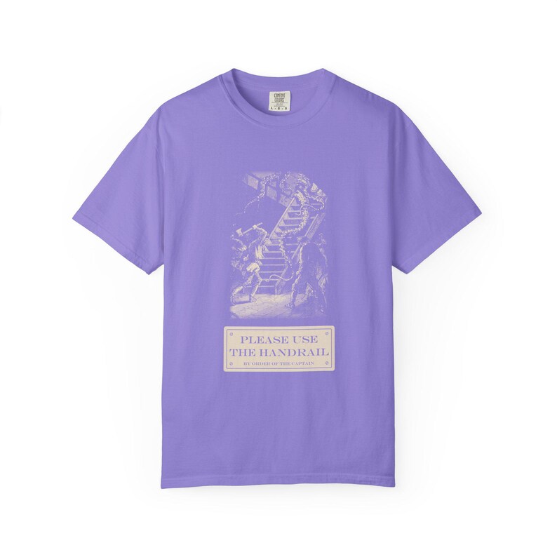 Please Use the Handrail Shirt, Giant Squid on the Stairs, Funny Safety Sign Tee, Jules Verne 1870 image 10