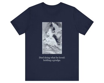 T-shirt « Mort en faisant ce qu'il aimait, rancunier » (Capitaine Achab), T-shirt vintage Moby Dick, cadeau pour les amoureux des livres à l'humour noir.