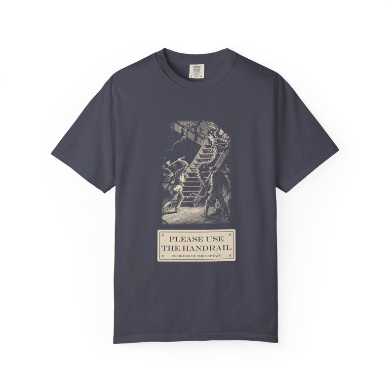 Please Use the Handrail Shirt, Giant Squid on the Stairs, Funny Safety Sign Tee, Jules Verne 1870 image 9
