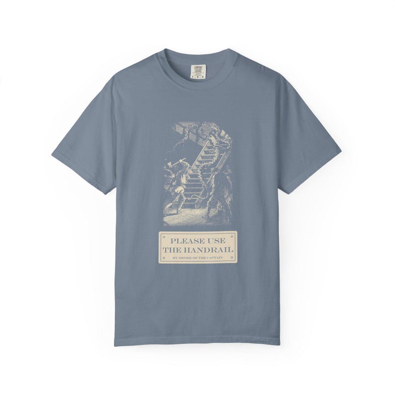 Please Use the Handrail Shirt, Giant Squid on the Stairs, Funny Safety Sign Tee, Jules Verne 1870 image 7