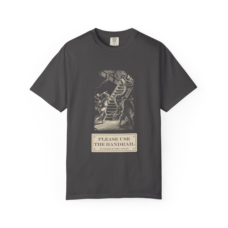 Please Use the Handrail Shirt, Giant Squid on the Stairs, Funny Safety Sign Tee, Jules Verne 1870 image 8