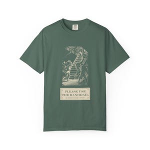 Please Use the Handrail Shirt, Giant Squid on the Stairs, Funny Safety Sign Tee, Jules Verne 1870 image 5