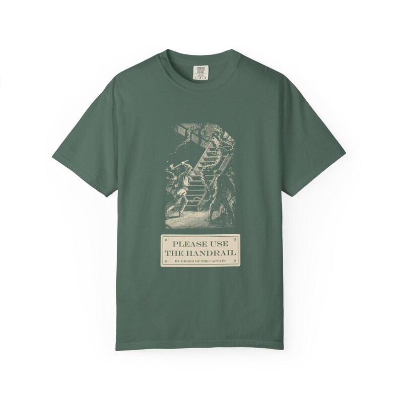 Please Use the Handrail Shirt, Giant Squid on the Stairs, Funny Safety Sign Tee, Jules Verne 1870 image 5