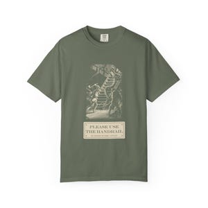 Please Use the Handrail Shirt, Giant Squid on the Stairs, Funny Safety Sign Tee, Jules Verne 1870 image 4
