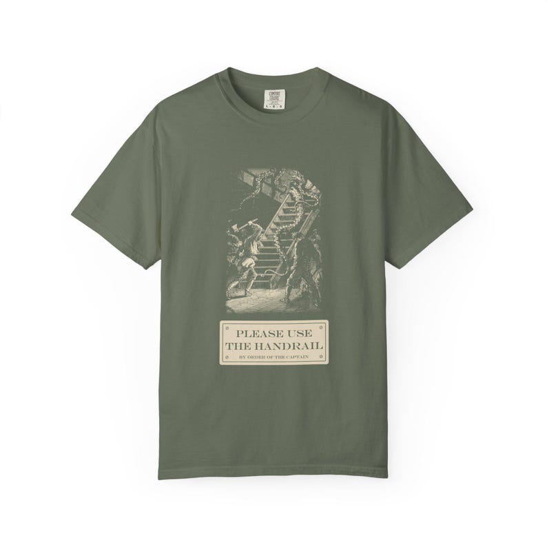 Please Use the Handrail Shirt, Giant Squid on the Stairs, Funny Safety Sign Tee, Jules Verne 1870 image 4