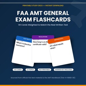 Può includere: Un set di flashcard per l'esame generale FAA AMT composto da 141 carte su 12 argomenti. Le carte sono codificate a colori con blu per l'elettricità, viola per i regolamenti e arancione per la matematica, mostrando domande su uno sfondo blu scuro.