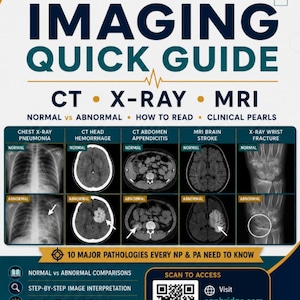 May include: An educational poster titled APN BRIDGE Imaging Quick Guide featuring CT, X-ray, and MRI comparisons. It displays normal versus abnormal medical images for chest, head, abdomen, brain, and wrist, including a QR code and clinical text.