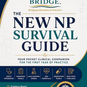 May include: A clinical guide titled The New NP Survival Guide, Your Pocket Clinical Companion for the First Year of Practice. The cover features a bridge icon, the APN Bridge logo, and sections for quick references, diagnosis, lab, EKG, and medication.