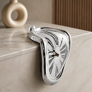 Op de afbeelding: Een zilverkleurige, smeltende analoge klok met een vervormde, vloeiende vorm. De wijzerplaat is wit met zwarte Romeinse cijfers en zwarte wijzers, voorzien van een metalen frame dat over de rand van een oppervlak naar beneden buigt.