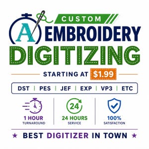 Pode incluir: Um anúncio gráfico para serviços de digitalização de bordados personalizados com o texto CUSTOM EMBROIDERY DIGITIZING, um ícone de agulha e linha, formatos de arquivo como DST e PES, e ícones para 1 hora de entrega e serviço 24 horas.