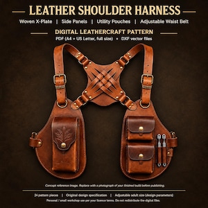 May include: A brown leather shoulder harness digital leathercraft pattern featuring a woven X-plate, side panels, utility pouches, and an adjustable waist belt. Includes PDF A4 and US Letter full size files plus DXF vector files for leather crafting.