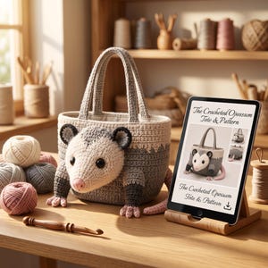 Op de afbeelding: Een gehaakte tas in de vorm van een opossum met een crèmekleurig gezicht, grijs lichaam en roze pootjes. Een tablet op een houten standaard toont de tekst The Crocheted Opossum Tote & Pattern, met afbeeldingen van de tas en een downloadicoon.