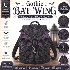 May include: A digital crochet pattern PDF for a backpack featuring a bat wing design. The backpack is dark purple and black with textured leaf-like layers, a crescent moon charm, and a flap closure. The text reads Gothic Bat Wing Crochet Backpack.